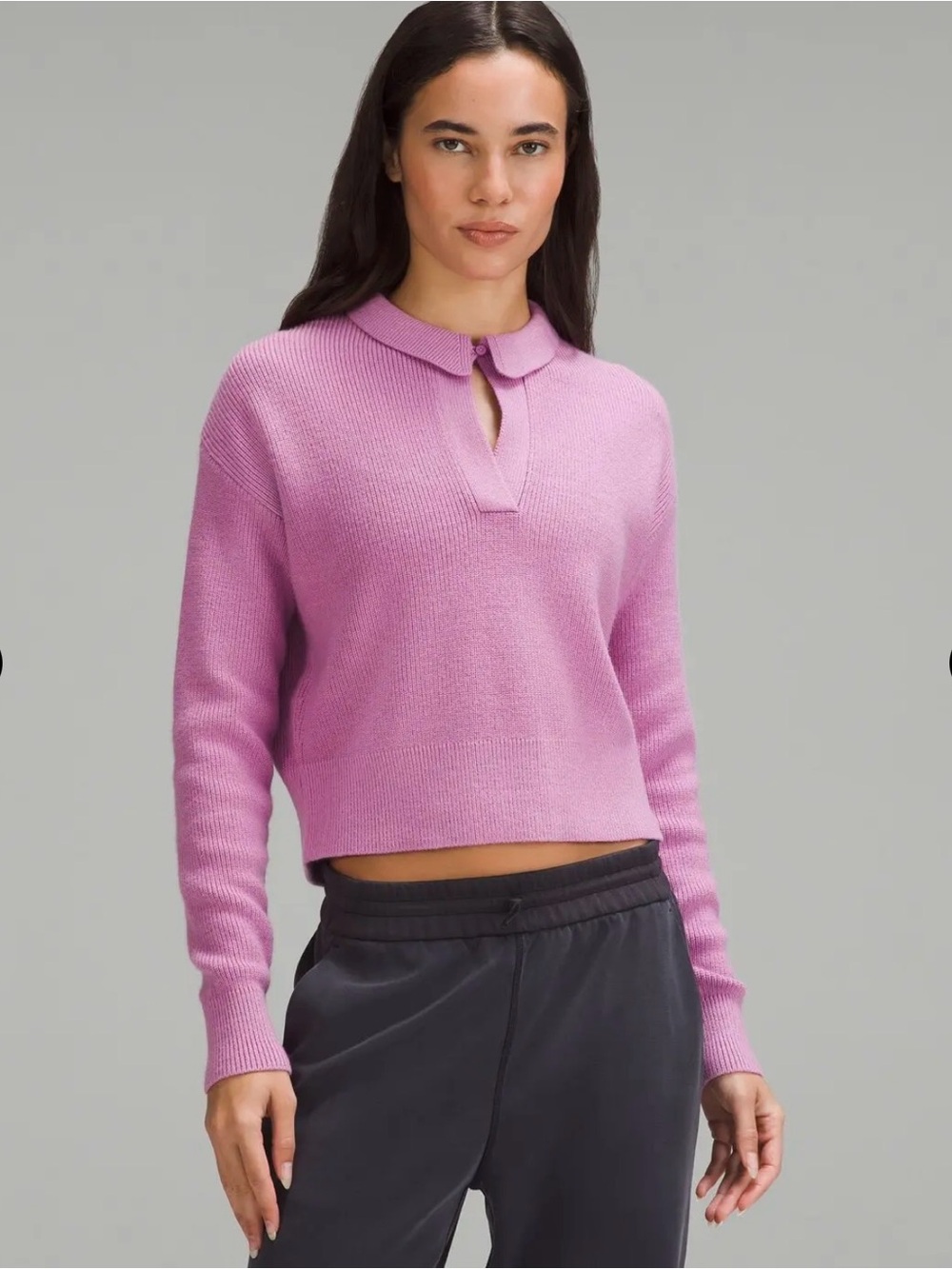 Lululemon Collared Merino Wool-Blend Cropped Sweater Dahlia Mauve Large